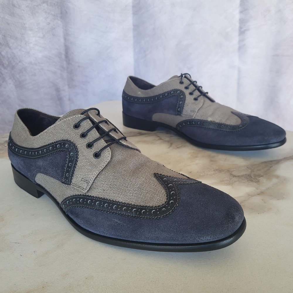Salvatore Ferragamo Shoes Mens Size 10 D Gray Black Suede Wingtip Brogue Oxford